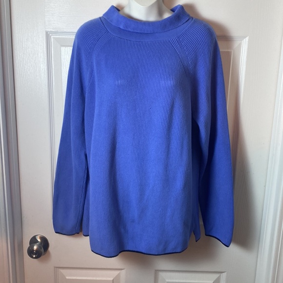 Talbots Pima Cotton Rib Knit Mock Neck Sweater Size XL Baby Blue Dark Blue Trim - Picture 2 of 9